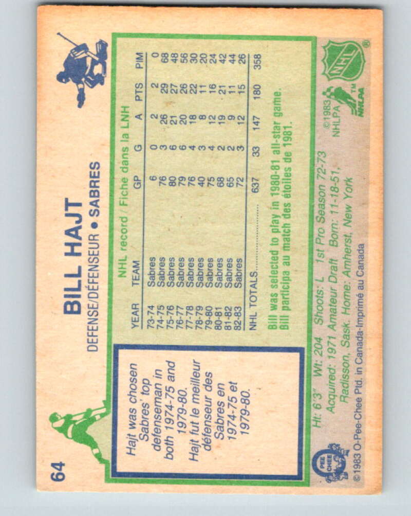 1983-84 O-Pee-Chee #64 Bill Hajt  Buffalo Sabres  V26895