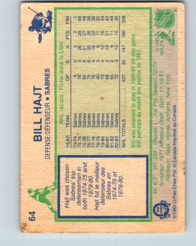 1983-84 O-Pee-Chee #64 Bill Hajt  Buffalo Sabres  V26896