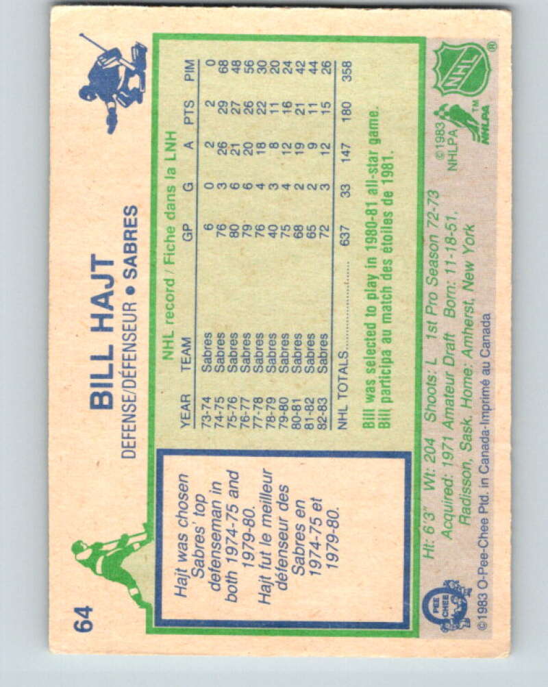 1983-84 O-Pee-Chee #64 Bill Hajt  Buffalo Sabres  V26899