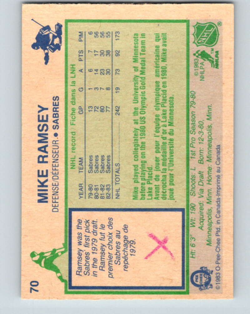 1983-84 O-Pee-Chee #70 Mike Ramsey  Buffalo Sabres  V26929