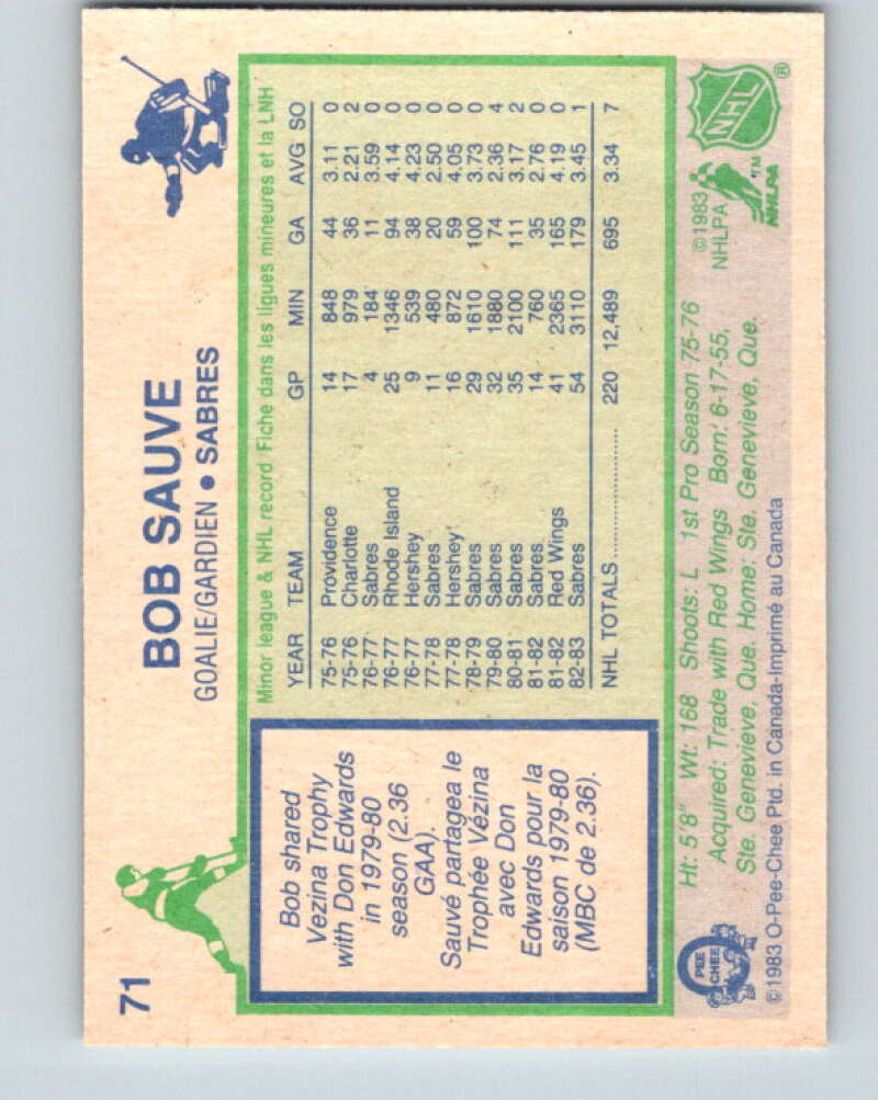 1983-84 O-Pee-Chee #71 Bob Sauve  Buffalo Sabres  V26935