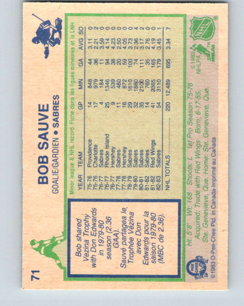 1983-84 O-Pee-Chee #71 Bob Sauve  Buffalo Sabres  V26937