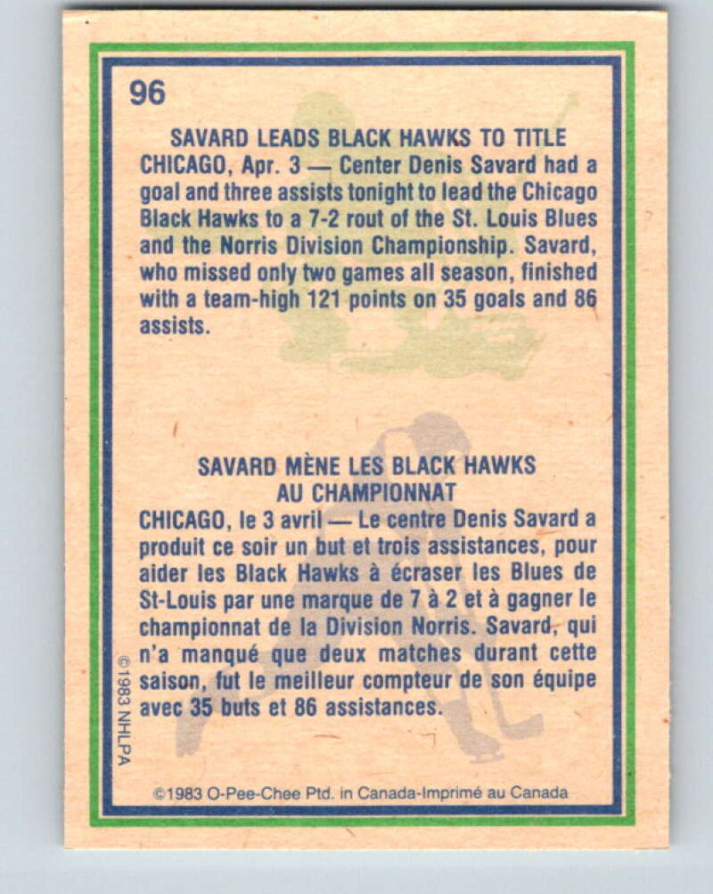 1983-84 O-Pee-Chee #96 Denis Savard HL  Chicago Blackhawks  V27013