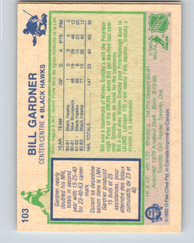 1983-84 O-Pee-Chee #103 Bill Gardner RC Rookie Blackhawks  V27031