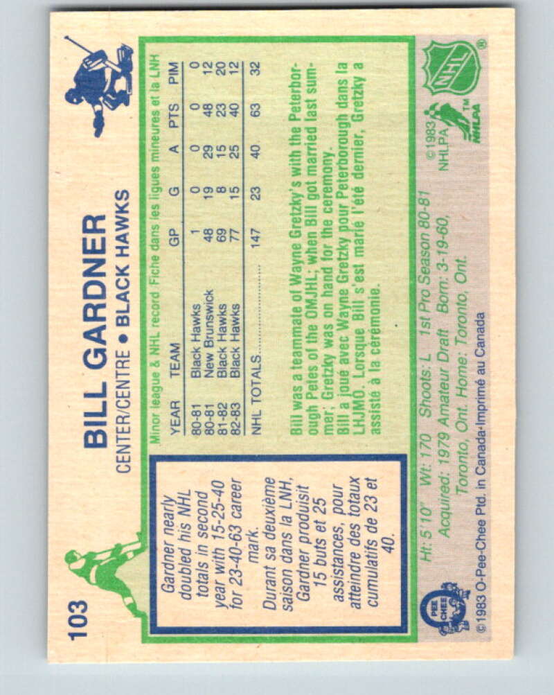 1983-84 O-Pee-Chee #103 Bill Gardner RC Rookie Blackhawks  V27032