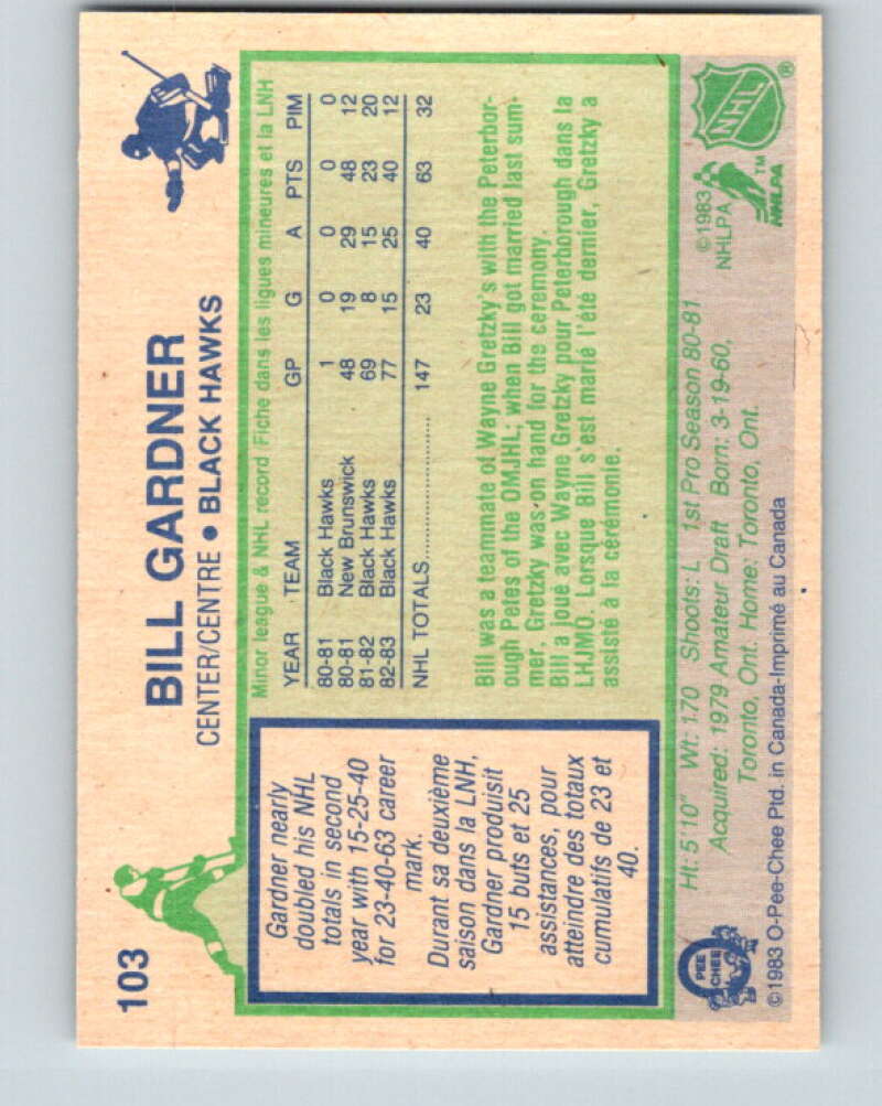 1983-84 O-Pee-Chee #103 Bill Gardner RC Rookie Blackhawks  V27033