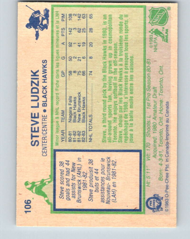 1983-84 O-Pee-Chee #106 Steve Ludzik UER  RC Rookie Blackhawks  V27042
