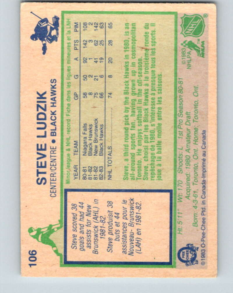 1983-84 O-Pee-Chee #106 Steve Ludzik UER RC Rookie Blackhawks  V27044
