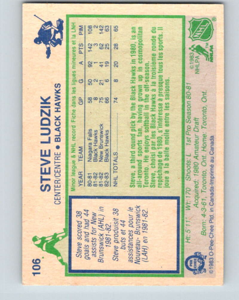 1983-84 O-Pee-Chee #106 Steve Ludzik UER RC Rookie Blackhawks  V27045
