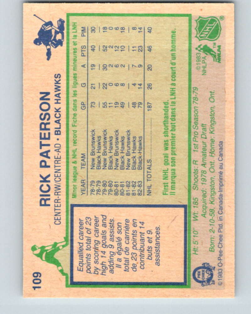 1983-84 O-Pee-Chee #109 Rick Paterson RC Rookie Blackhawks  V27055