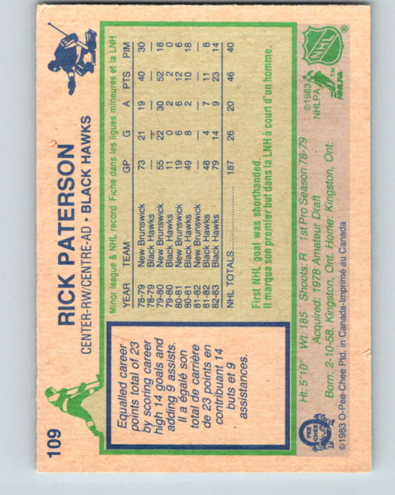 1983-84 O-Pee-Chee #109 Rick Paterson RC Rookie Blackhawks  V27059