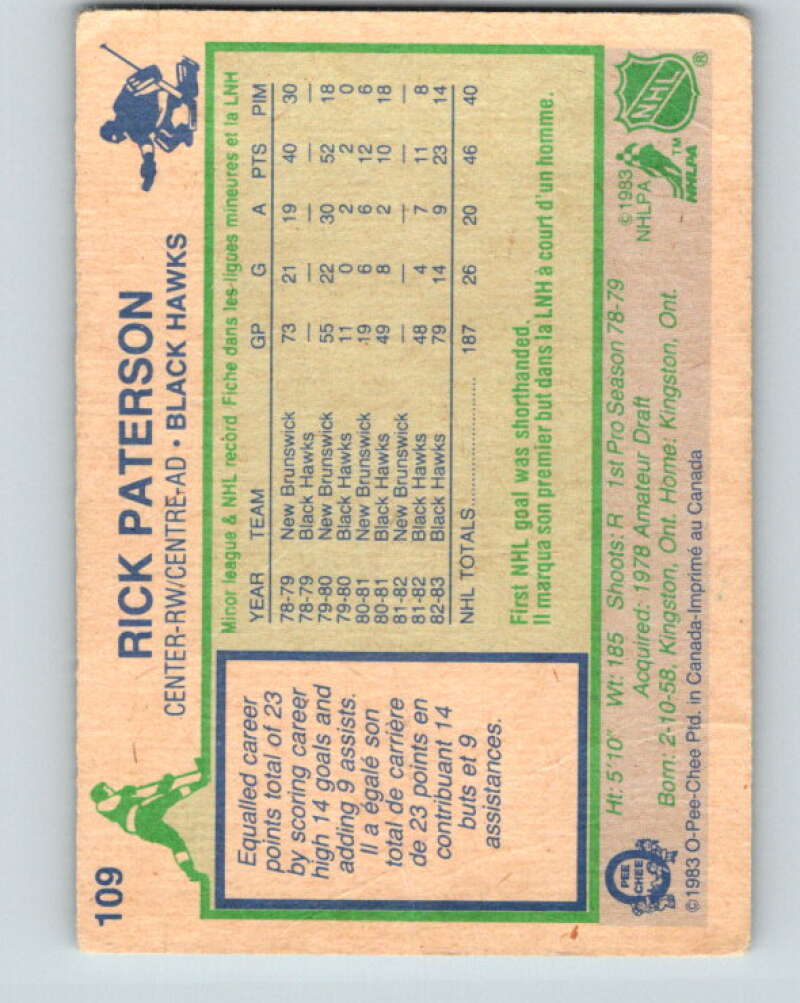 1983-84 O-Pee-Chee #109 Rick Paterson RC Rookie Blackhawks  V27060