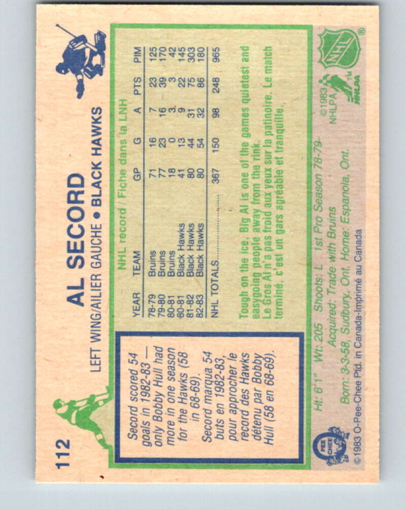 1983-84 O-Pee-Chee #112 Al Secord  Chicago Blackhawks  V27068