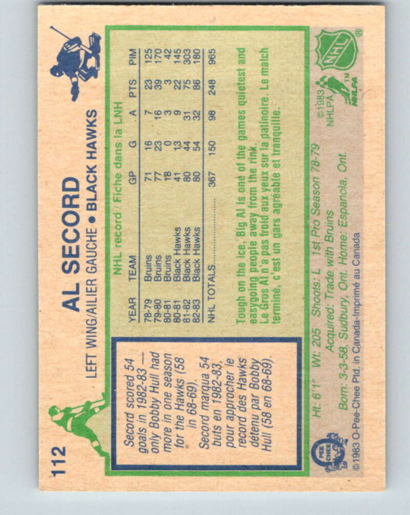 1983-84 O-Pee-Chee #112 Al Secord  Chicago Blackhawks  V27072