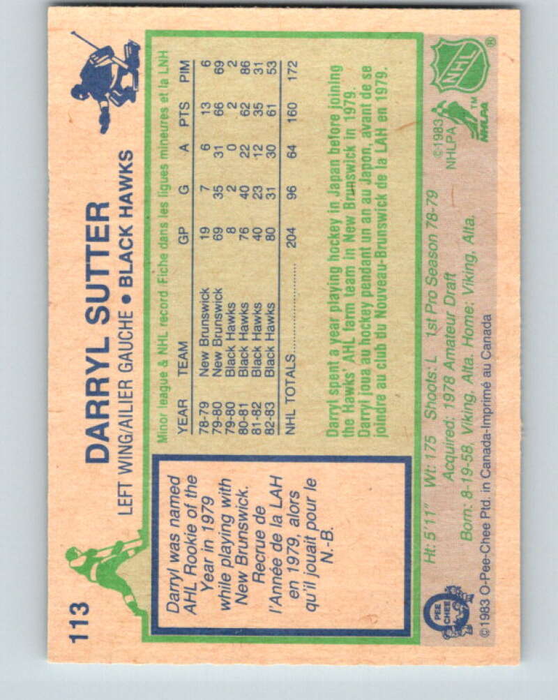 1983-84 O-Pee-Chee #113 Darryl Sutter  Chicago Blackhawks  V27073