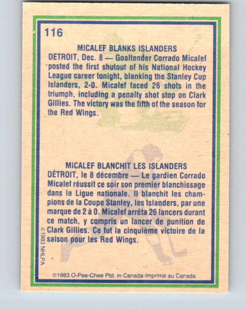 1983-84 O-Pee-Chee #116 Corrado Micalef HL  Detroit Red Wings  V27082