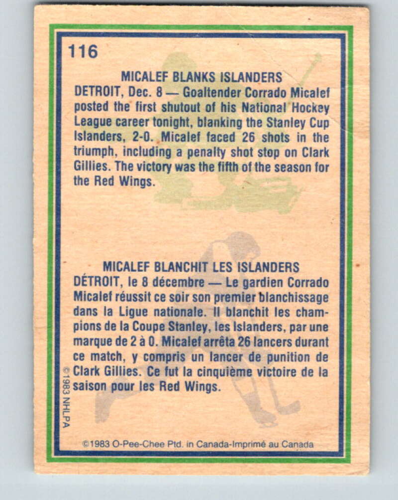 1983-84 O-Pee-Chee #116 Corrado Micalef HL  Detroit Red Wings  V27084