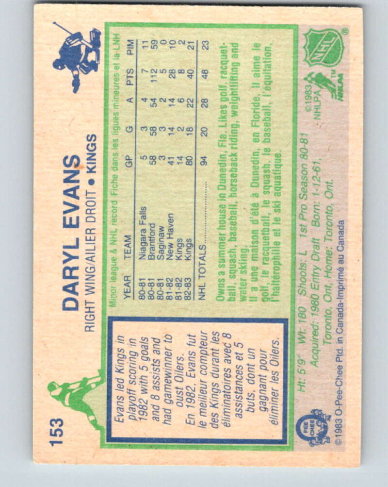 1983-84 O-Pee-Chee #153 Daryl Evans  RC Rookie Kings  V27229