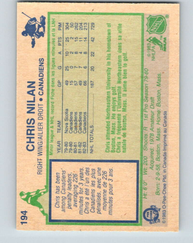 1983-84 O-Pee-Chee #194 Chris Nilan  RC Rookie Montreal Canadiens  V27360