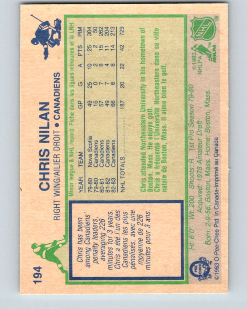 1983-84 O-Pee-Chee #194 Chris Nilan  RC Rookie Montreal Canadiens  V27362