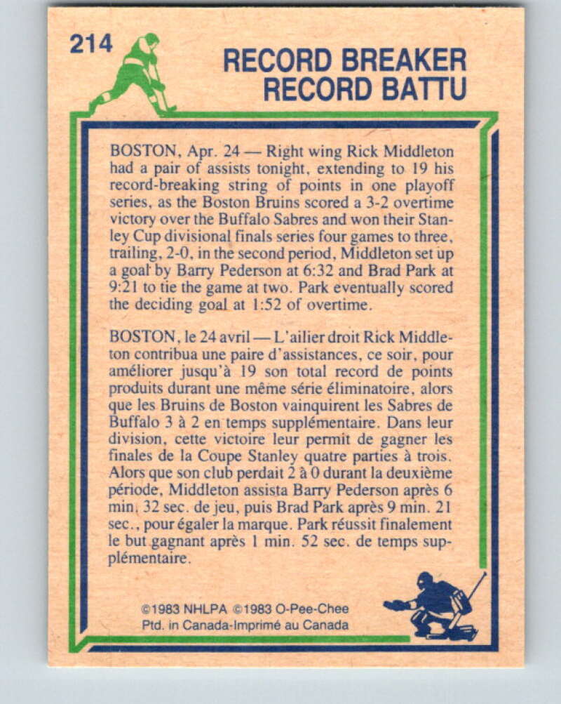 1983-84 O-Pee-Chee #214 Rick Middleton RB  Boston Bruins  V27416