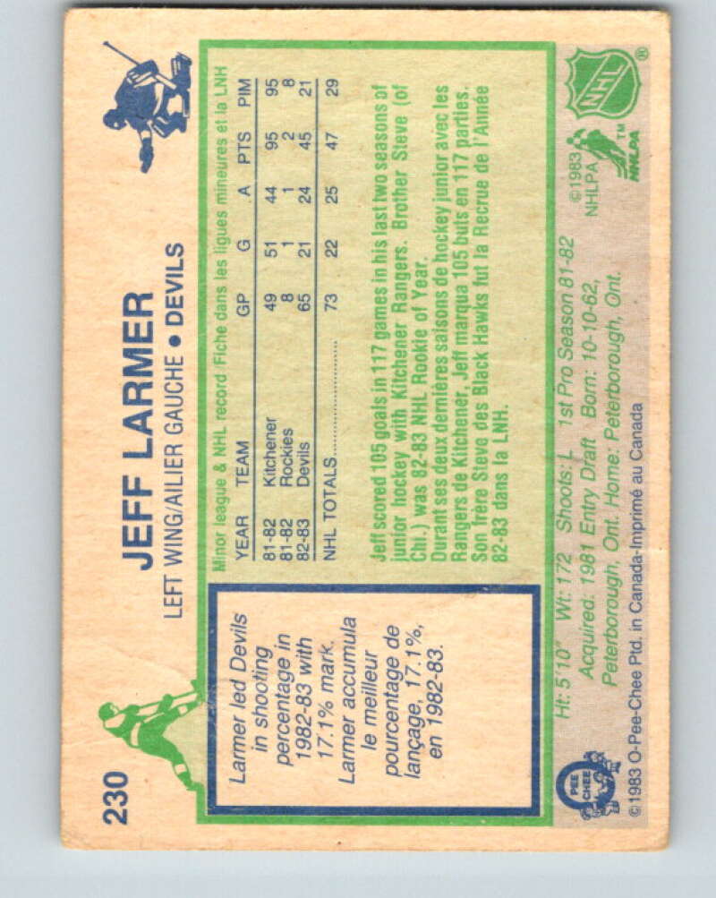 1983-84 O-Pee-Chee #230 Jeff Larmer  RC Rookie New Jersey Devils  V27464