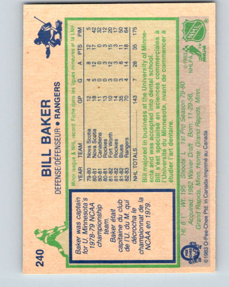 1983-84 O-Pee-Chee #240 Bill Baker  RC Rookie New York Rangers  V27505
