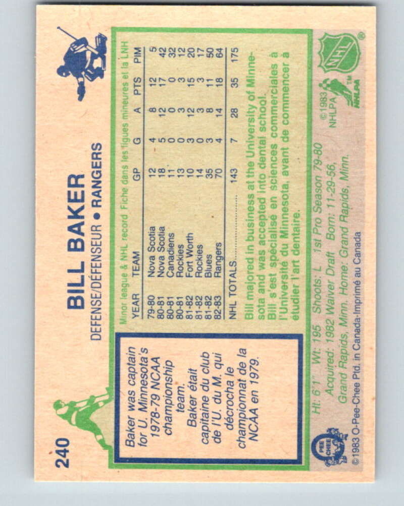 1983-84 O-Pee-Chee #240 Bill Baker  RC Rookie New York Rangers  V27511