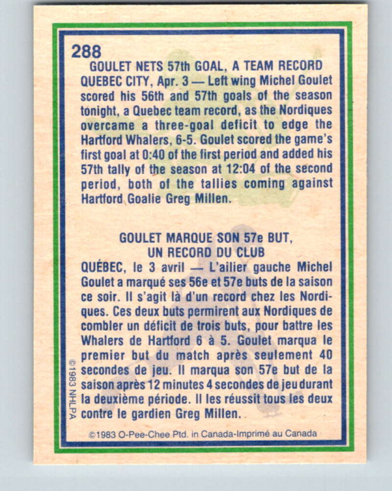 1983-84 O-Pee-Chee #288 Michel Goulet HL  Quebec Nordiques  V27676
