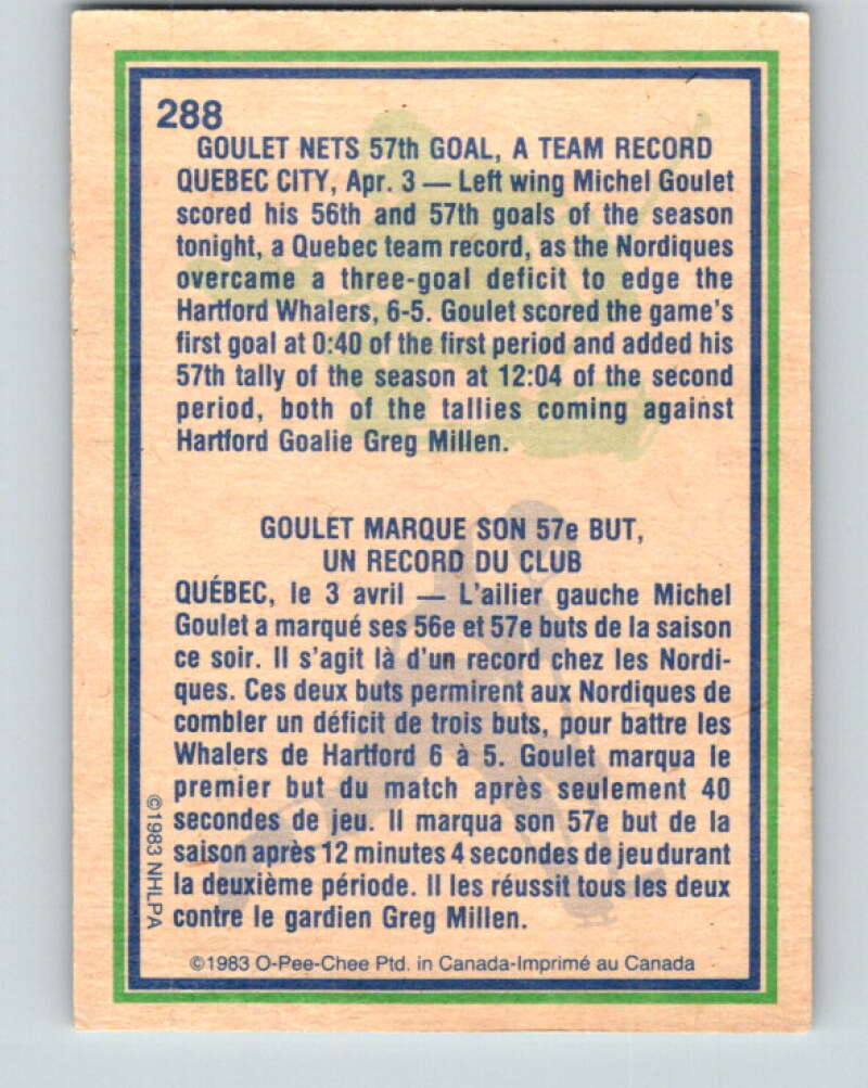 1983-84 O-Pee-Chee #288 Michel Goulet HL  Quebec Nordiques  V27677