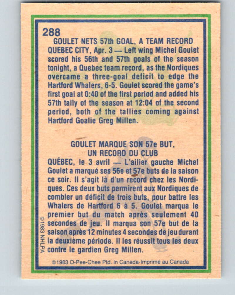 1983-84 O-Pee-Chee #288 Michel Goulet HL  Quebec Nordiques  V27678