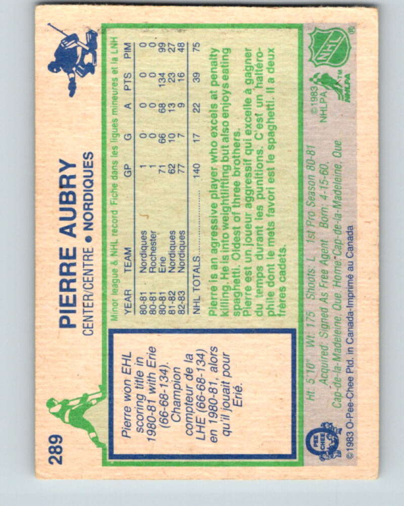 1983-84 O-Pee-Chee #289 Pierre Aubry  Quebec Nordiques  V27680