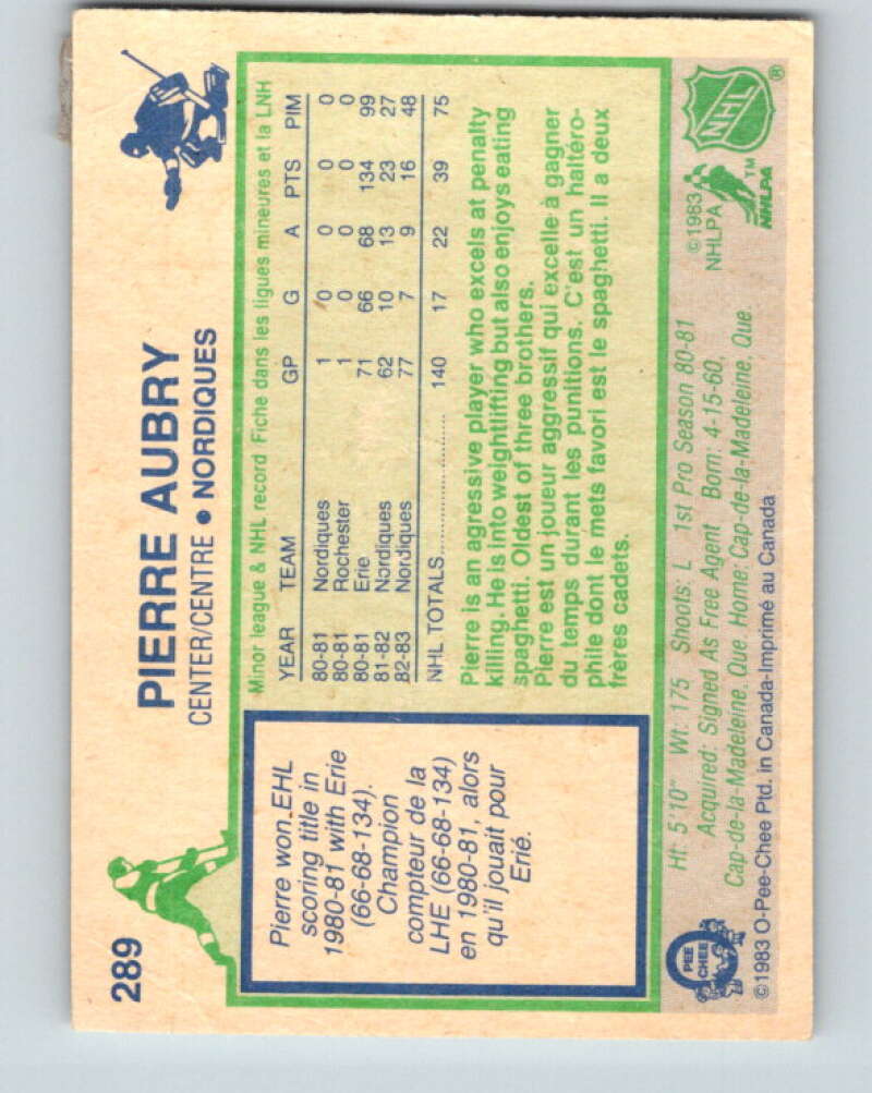 1983-84 O-Pee-Chee #289 Pierre Aubry  Quebec Nordiques  V27681
