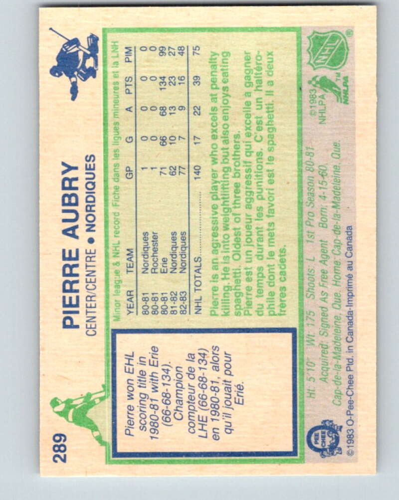 1983-84 O-Pee-Chee #289 Pierre Aubry  Quebec Nordiques  V27683