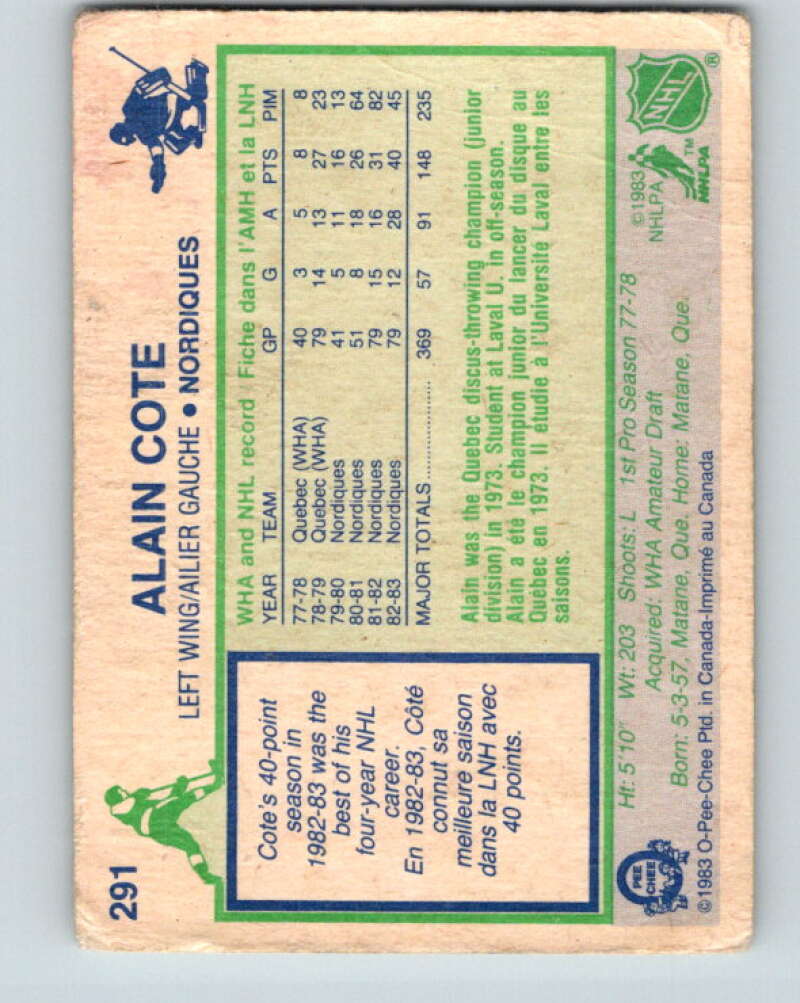 1983-84 O-Pee-Chee #291 Alain Cote  Quebec Nordiques  V27687
