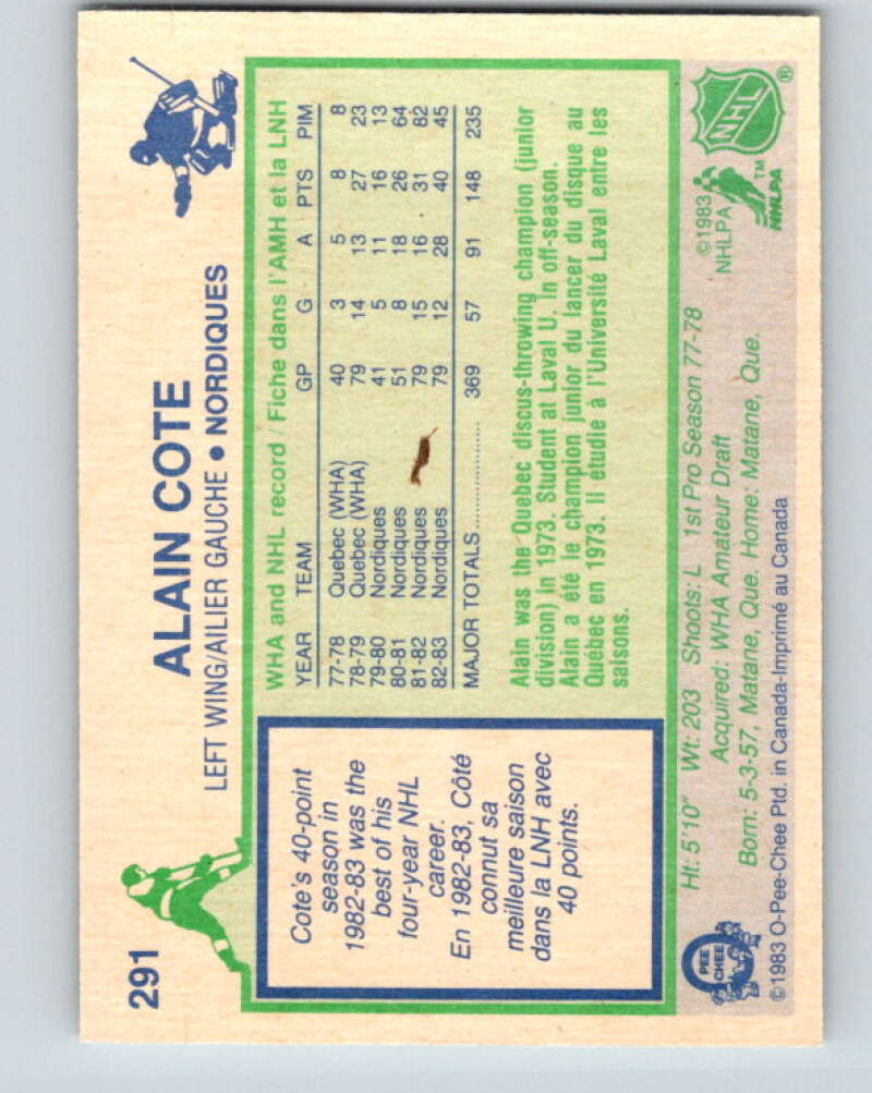 1983-84 O-Pee-Chee #291 Alain Cote  Quebec Nordiques  V27688