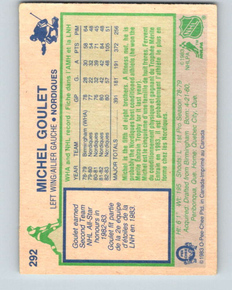 1983-84 O-Pee-Chee #292 Michel Goulet  Quebec Nordiques  V27693