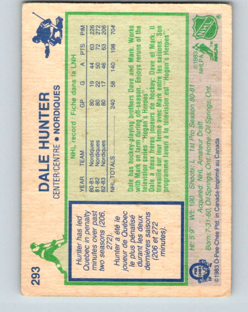 1983-84 O-Pee-Chee #293 Dale Hunter  Quebec Nordiques  V27696