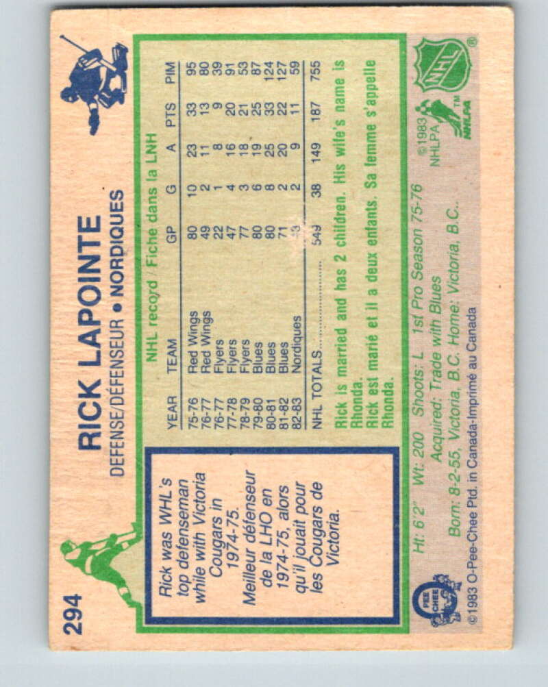 1983-84 O-Pee-Chee #294 Rick Lapointe  Quebec Nordiques  V27701