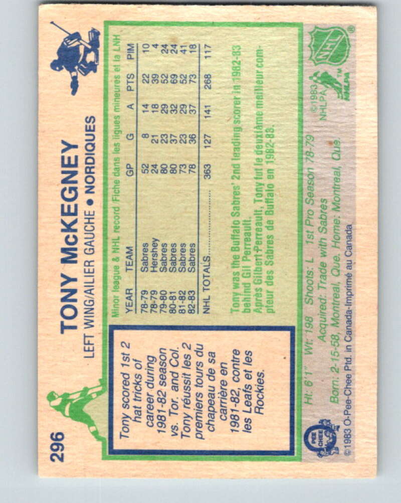1983-84 O-Pee-Chee #296 Tony McKegney  Quebec Nordiques  V27705