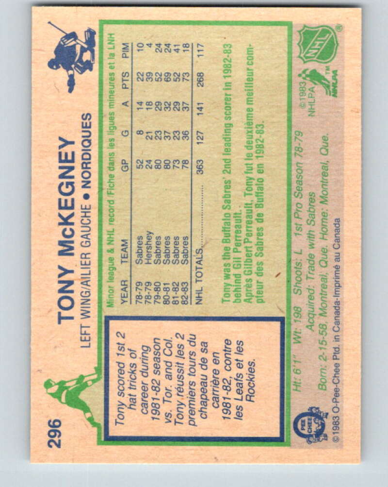 1983-84 O-Pee-Chee #296 Tony McKegney  Quebec Nordiques  V27706