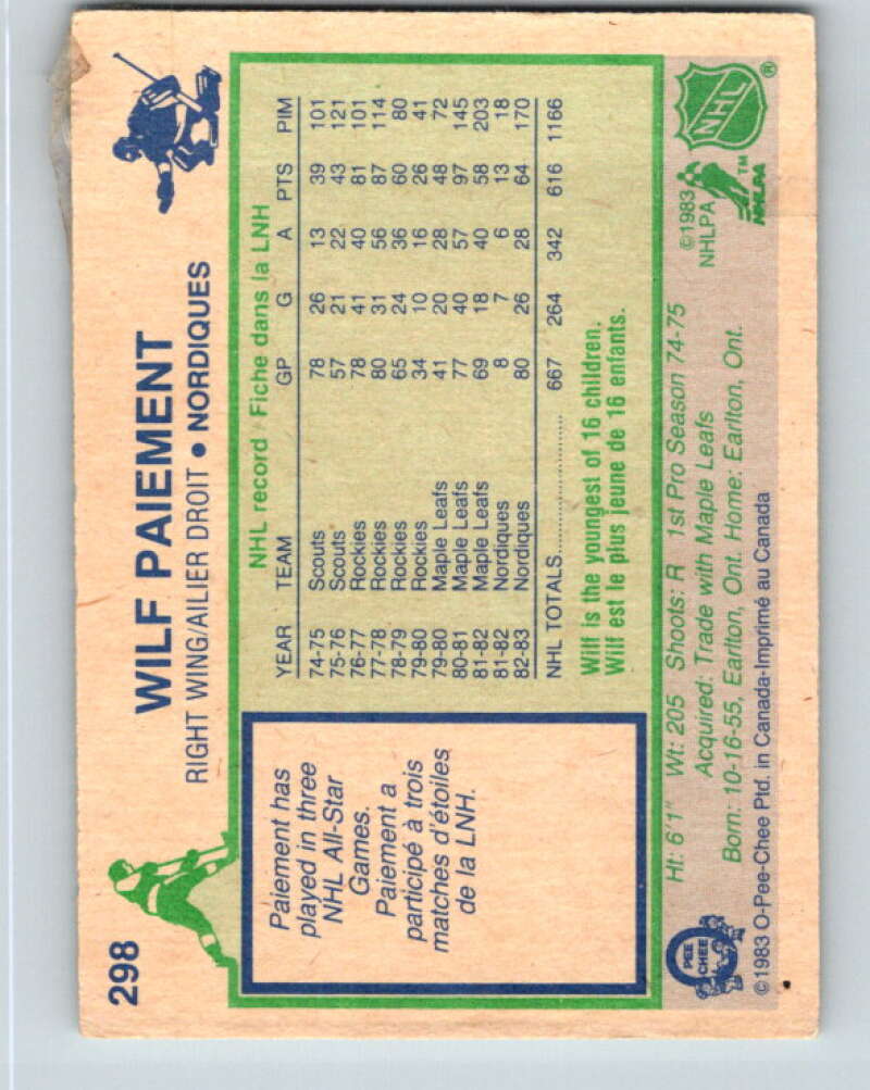 1983-84 O-Pee-Chee #298 Wilf Paiement  Quebec Nordiques  V27710