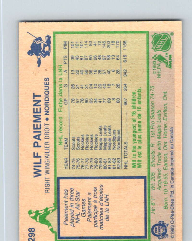 1983-84 O-Pee-Chee #298 Wilf Paiement  Quebec Nordiques  V27713