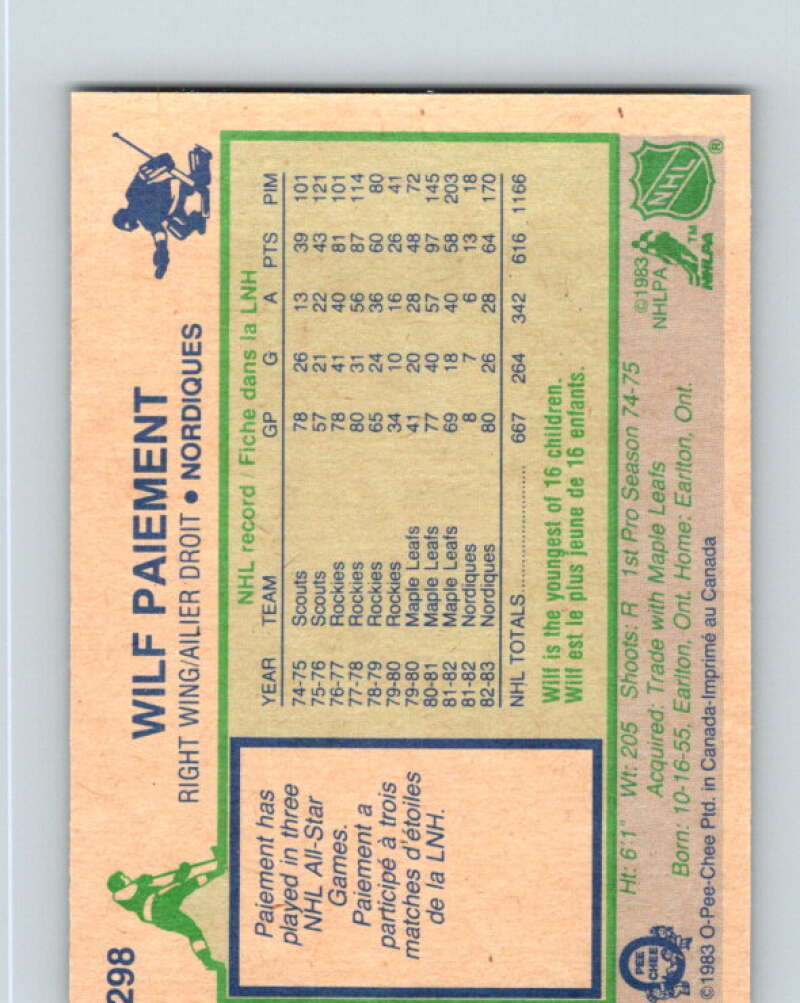 1983-84 O-Pee-Chee #298 Wilf Paiement  Quebec Nordiques  V27715