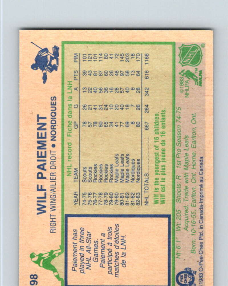 1983-84 O-Pee-Chee #298 Wilf Paiement  Quebec Nordiques  V27716