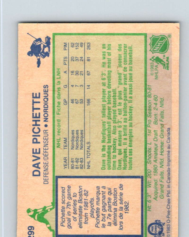 1983-84 O-Pee-Chee #299 Dave Pichette  Quebec Nordiques  V27718