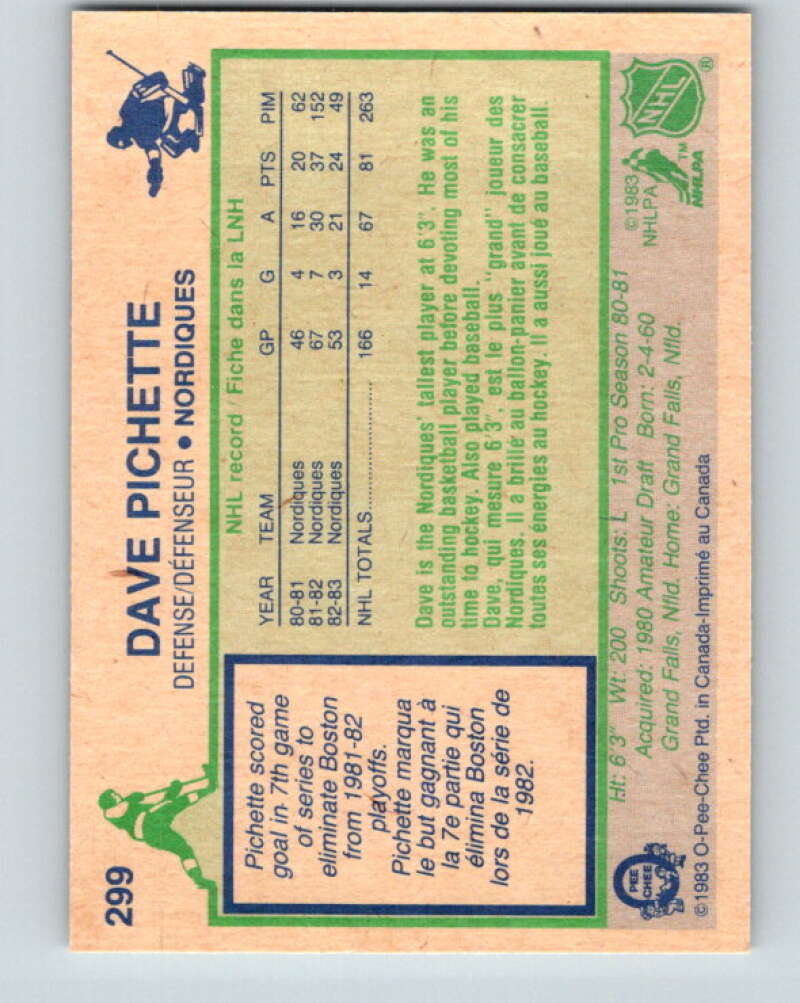 1983-84 O-Pee-Chee #299 Dave Pichette  Quebec Nordiques  V27721
