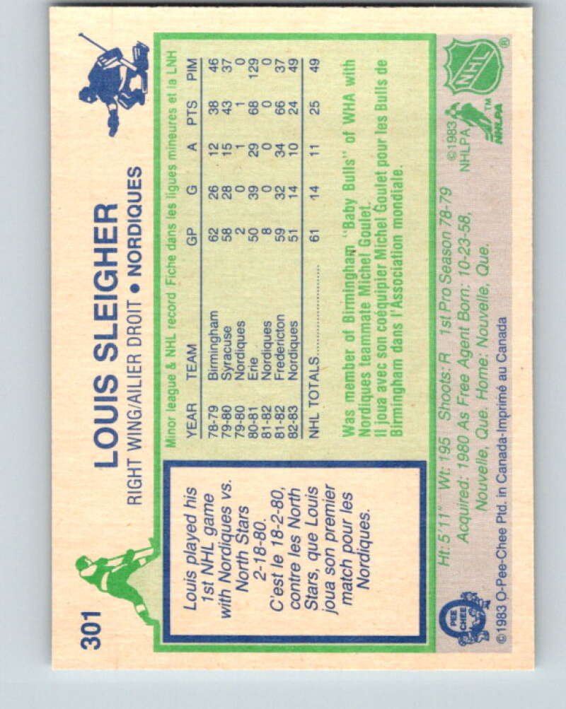 1983-84 O-Pee-Chee #301 Louis Sleigher  RC Rookie Nordiques  V27726