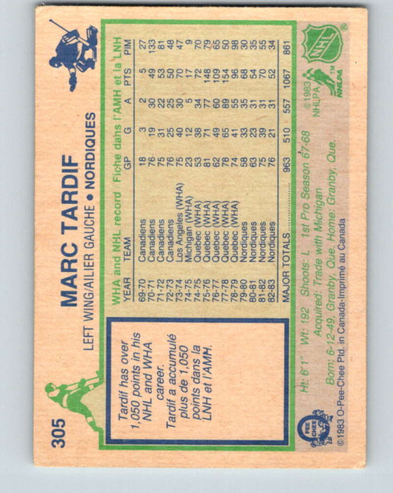 1983-84 O-Pee-Chee #305 Marc Tardif  Quebec Nordiques  V27738