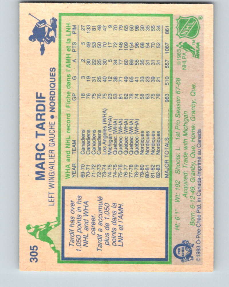 1983-84 O-Pee-Chee #305 Marc Tardif  Quebec Nordiques  V27740